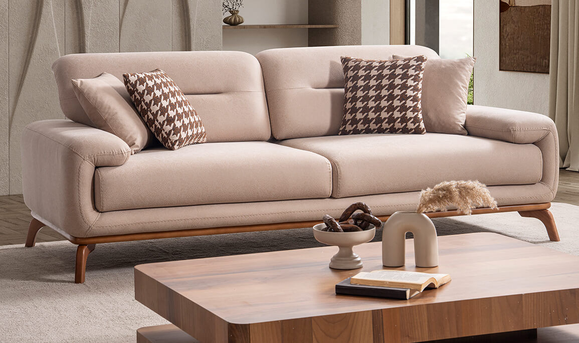 Aspendos Ahşap Krem Üçlü Koltuk - 