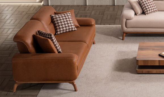 Aspendos Ahşap Turuncu Üçlü Koltuk - 